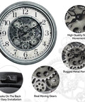 Close-up view of Large 15 Inch Moving Gears Wall Clock In Sleek Silver, highlighting real moving gears and rugged metal hands.