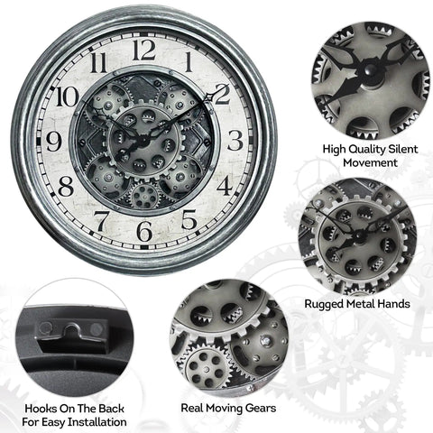 Close-up view of Large 15 Inch Moving Gears Wall Clock In Sleek Silver, highlighting real moving gears and rugged metal hands.