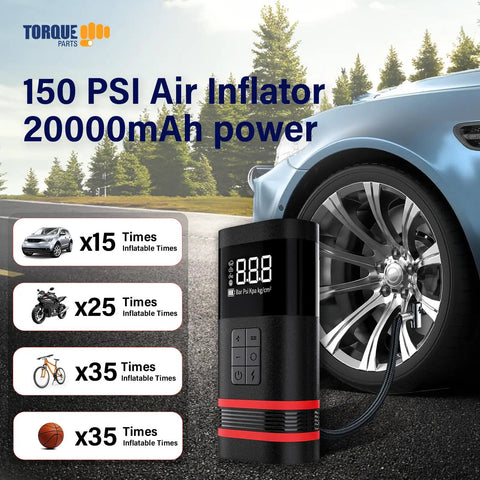 Cordless Portable Tire Inflator Air Compressor For Cars And Trucks Packs A Blistering 20000MAH Rechargeable Auto Pump That Cranks Out 150 Psi quick, displayed beside car tire.