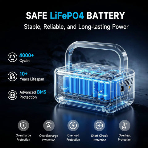 Transparent view of Safe LiFePO4 battery with LED indicators and advanced BMS protection features for Road Ready Portable Solar Generator.