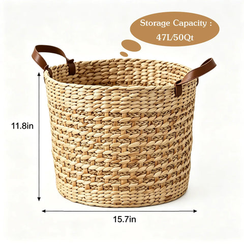 Large Water Hyacinth Storage Basket 15.7 Inch Woven Seagrass Bin with sturdy design, handles, and 47L capacity