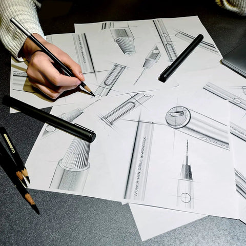 Hand sketching Mini Cordless USB Rechargeable Drill With Eight Attachments Pen Style Portable Power Tool for DIY projects.