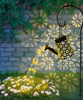 Solar Watering Can Fairy Lights Outdoor Garden Decor Waterproof Lawn Lamp With Star Shower Twinkling LED Lights For Walkway Patio Yard Vibes Bracket Included, casting star patterns on wall and flowers