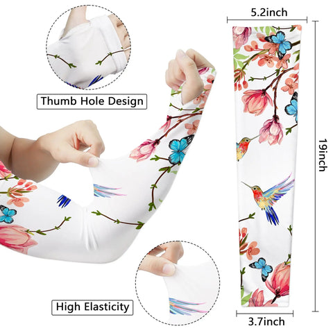 Hummingbird Pattern Gardening Arm Sleeves with Thumb Hole, Sun Protection, Lightweight Breathable Polyester, 19 Inch Length, White