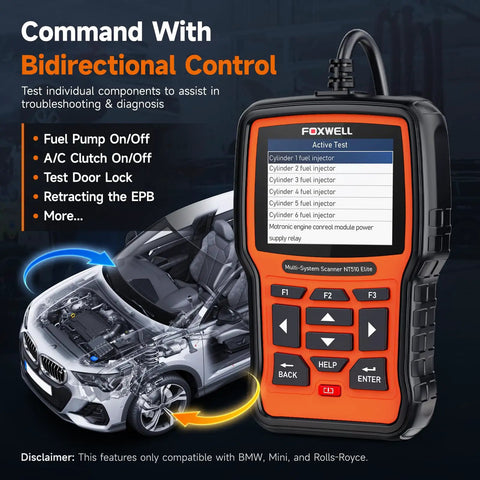 NT510 Elite Scan Tool For BMW Mini Rolls Royce Full Diagnostic Tool OBD2 Scanner with car graphics and bidirectional control.
