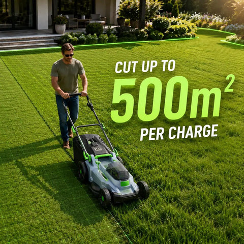 Cordless Walk Behind Lawn Mower With 17 Inch Cutting Width, Dual 20V 4.0Ah Batteries, Brushless Motor, Six Easy Height Settings, 50 Liter Grass Bag, Backyard Ready No Cords For Garden Patio Yard And Lawn Care on lawn
