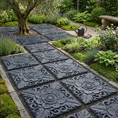 Two Pack Antique Lotus Design Concrete Paver Molds For DIY Garden Path Stepping Stones installed in a garden walkway.