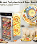 Hella Big 18 Tray Stainless Steel Food Dehydrator Machine With Smooth Touch Panel And 24 Hour Timer showing dried fruits and veggies.