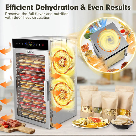 Hella Big 18 Tray Stainless Steel Food Dehydrator Machine With Smooth Touch Panel And 24 Hour Timer showing dried fruits and veggies.