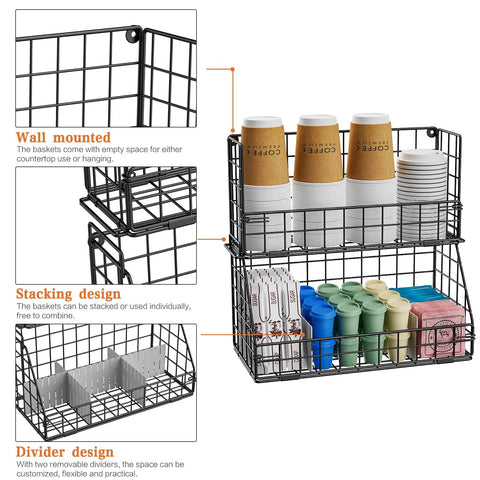 2 Tier Wall Mounted Coffee Organizer Stackable Condiment And Lid Dispenser With Dividers showcasing cups and condiments