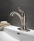 Linden No Fuss Single Hole Bathroom Faucet in Brushed Nickel with Diamond Seal Technology installed on sink.