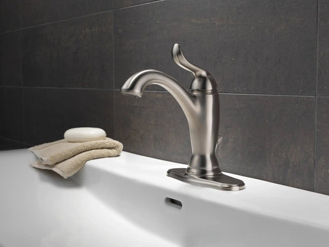 Linden No Fuss Single Hole Bathroom Faucet in Brushed Nickel with Diamond Seal Technology installed on sink.