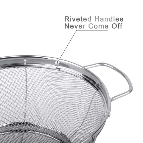 Close-up of 18/8 stainless steel colander with riveted handle, part of Three Pack 18/8 Stainless Steel Colander Sieves Set With Handy Handles.
