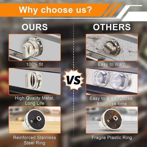 Comparison of Five Pack Stove Knob Replacements For LG Gas Range And Oven LRG Series vs generic knobs, showing durability.