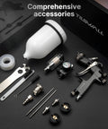 Heavy Duty LVLP Auto Paint Sprayer, Rock Solid Stainless Steel Fluid Path, Beat The Clogs Pro Grade Finish Kit tool accessories on dark background.