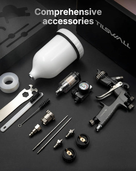 Heavy Duty LVLP Auto Paint Sprayer, Rock Solid Stainless Steel Fluid Path, Beat The Clogs Pro Grade Finish Kit tool accessories on dark background.