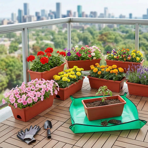 Red Window Box Planters 7 Pack Rectangular Plastic Flower Pots With Saucers For Indoor Outdoor Garden 17 Inch Vegetable Planting Pots