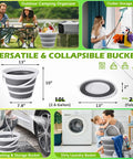 Collapsible bucket displayed in various settings, 10L capacity, measures 13 inches wide by 10 inches tall, folds to 2 inches.