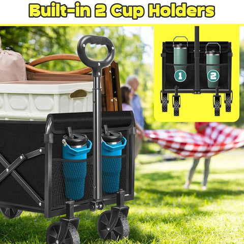 Ultra Portable Collapsible Wagon Cart with Wheels, 360Lb Load Capacity, featuring built-in cup holders and adjustable handle.