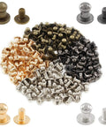 Supercharge Your Daily Craft Gear With Slick Heavy Duty Metal Button Studs And Rivets Perfect For Leather Work Sewing And Dope Accessory Making Premium Zinc Alloy Mixed Silver Gold Black Bronze Shiny Finish One Hundred Piece Set with assorted metal rivets in silver, gold, black, and bronze.