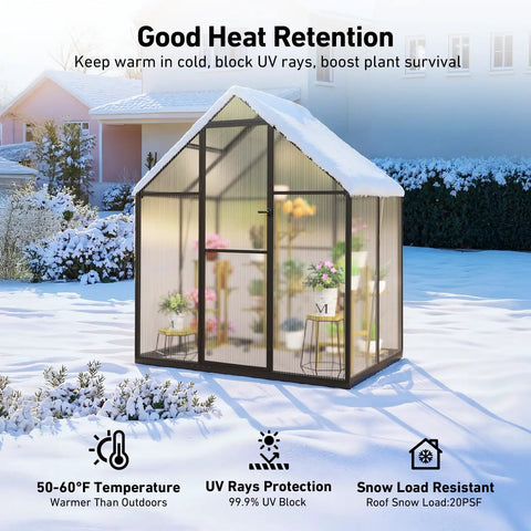 Walk In Outdoor Greenhouse With Aluminum Frame And Polycarbonate Panels Heavy Duty Quick Setup Lockable Door Hygrometer Vent Roof Window Ideal For Gardeners Seeking Solid Backyard Grow Space