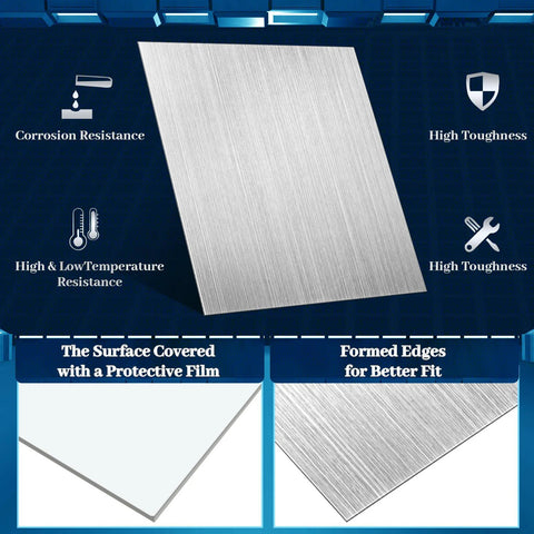 Brushed stainless steel sheet with double-sided protective film; 6x6x0.04 in, 8 pcs.