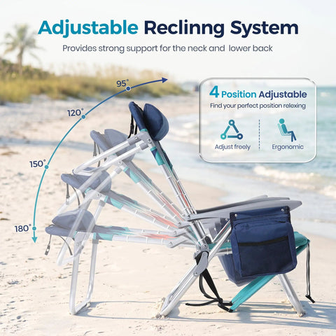 Two Pack Aluminum Folding Beach Chairs With Four Position Recline And Lay Flat Option showing adjustable recline on beach.