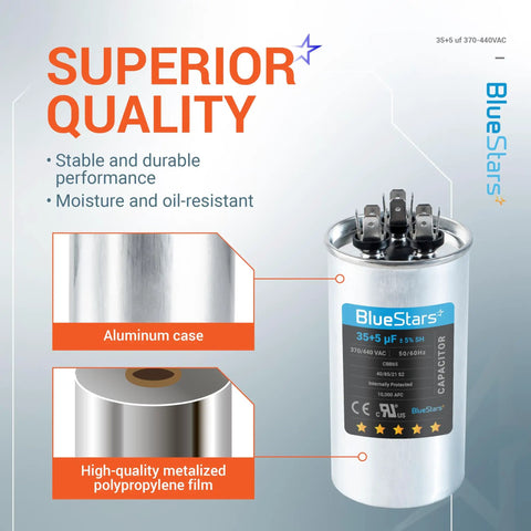 Beefy Dual Run 35/5 MFD AC Capacitor 370-440V with aluminum case and metalized polypropylene film