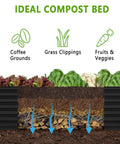 Cross-section of a galvanized raised garden bed 6x2x2 ft outdoor planter for vegetables, flowers, herbs, with compost layers.