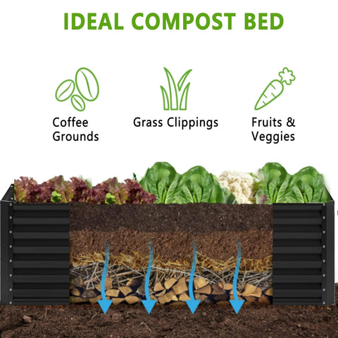 Cross-section of a galvanized raised garden bed 6x2x2 ft outdoor planter for vegetables, flowers, herbs, with compost layers.