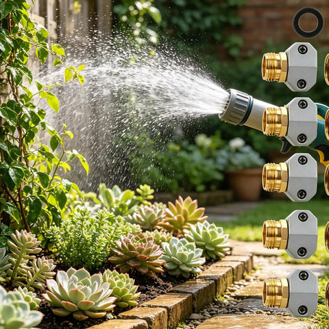 Heavy Duty 3-Pack Garden Hose Repair Kit With Rust Proof Aluminum And Zinc Alloy End Mender For Quick Leak Fixes Fit 5/8 Or 3/4 Hoses Male Female Connector Clamps No More Wasting Money On New Hoses. 3-pack hose repair fittings with brass ends spraying garden water