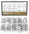 Ready To Roll 104 Piece Machine Screw Assortment Kit With Phillips Pan Head Bolts And Hex Nuts Washers In 304 Stainless Steel, organized in compartments.