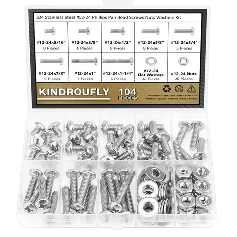 Ready To Roll 104 Piece Machine Screw Assortment Kit With Phillips Pan Head Bolts And Hex Nuts Washers In 304 Stainless Steel, organized in compartments.