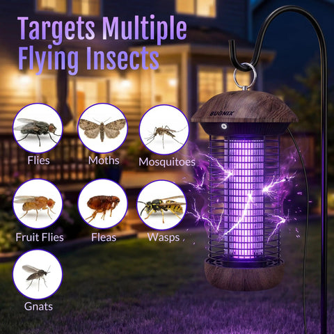 Indoor Outdoor Bug Zapper USB Powered Plug-In Mosquito Killer 4200V Electric Grid with 365-395nm LED Bug Light in outdoor setting.