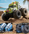 3 In 1 Amphibious RC Car Boat Water Gun With 2.4GHz Remote, green monster truck style toy on sand with dual motors and off-road tires