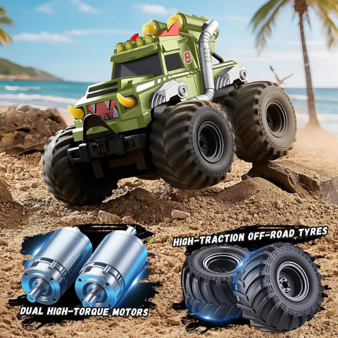 3 In 1 Amphibious RC Car Boat Water Gun With 2.4GHz Remote, green monster truck style toy on sand with dual motors and off-road tires