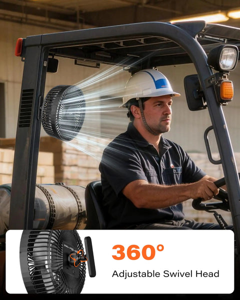 Rechargeable Magnetic Golf Cart Fan with Four Speed Modes mounted inside a vehicle, showcasing 360° adjustable swivel head