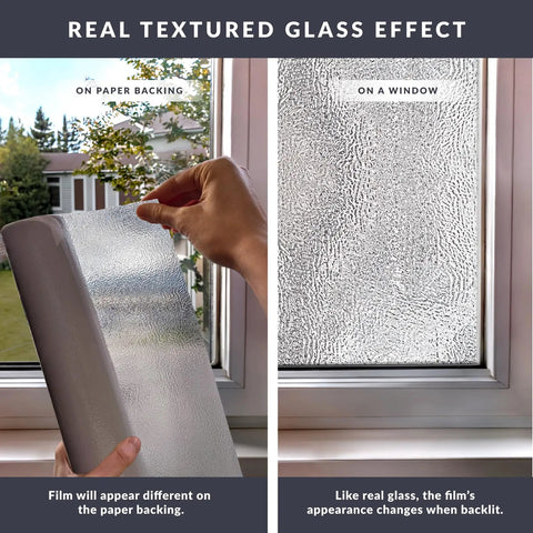Person applying Texture Twelve Window Privacy Film With Dimensional Textured Glass Look Static Cling Non Adhesive Privacy Film For Homes And Offices Blocks View Without Darkening UV Protection Made In USA 36 By 72 Inch on window.