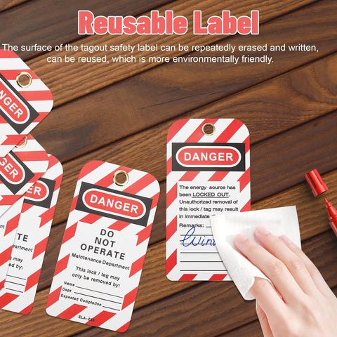 Heavy Duty Lockout Tagout Tags Reusable Do Not Operate Labels For Industrial Jobsite Maintenance Featuring Tough Metal And Pvc Build that shows a hand wiping a safety label.