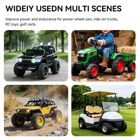 Collage of ride-on toy cars and golf cart compatible with 18V To 12V Buck Converter For M18 Battery, 240W DC Regulator