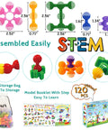 Kid Friendly STEM Building Blocks Set 120 Piece Gear Interlocking Toy Kit With Colorful Star Shaped Pieces in packaging and assembled forms