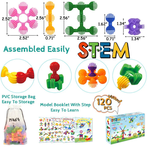Kid Friendly STEM Building Blocks Set 120 Piece Gear Interlocking Toy Kit With Colorful Star Shaped Pieces in packaging and assembled forms