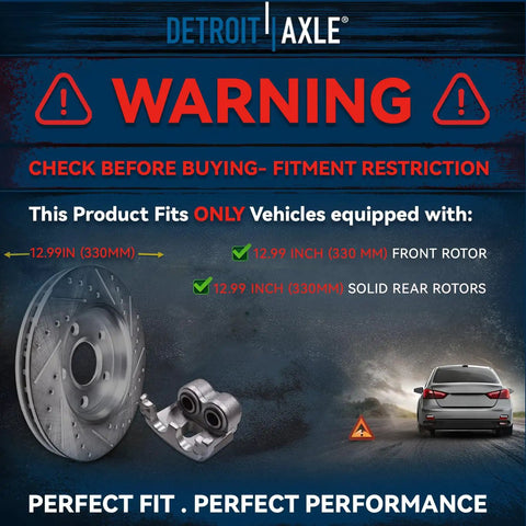 Warning image showing brake fitment for Brake Kit For 2011 2020 Jeep Grand Cherokee And Dodge Durango With 12.99 Inch Drilled And Slotted Rotors And Ceramic Brake Pads Front And Rear Replacement