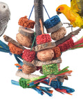 Hella Tough Parrot Chew Toys Crafted From Natural Wood Hemp Rope Corn Cob And Sweet Treat Nuts For Big Time Foraging Fun In Conure Cockatoo Parakeet Budgie Cage, featuring colorful wood and hemp materials.