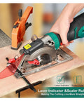 Ultra Compact Mini Circular Saw 750 Watt Laser Guided Power Tool 3500 RPM in use, highlighting laser indicator and scaler ruler.
