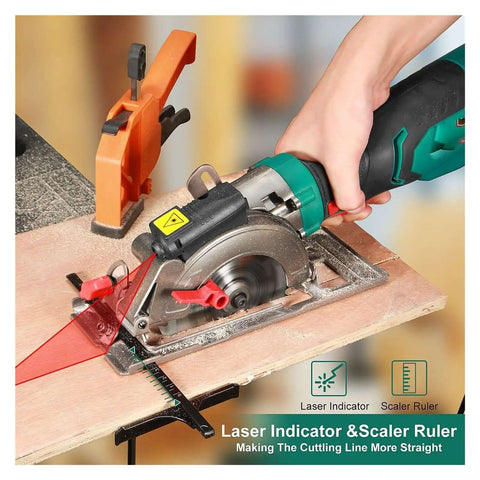Ultra Compact Mini Circular Saw 750 Watt Laser Guided Power Tool 3500 RPM in use, highlighting laser indicator and scaler ruler.