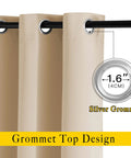 Two Panels Biscotti Beige Blackout Curtains 52 Inches By 95 Inches, Triple Weave Microfiber Grommet Top close-up showing silver grommets.