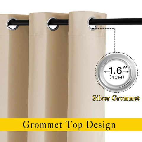 Two Panels Biscotti Beige Blackout Curtains 52 Inches By 95 Inches, Triple Weave Microfiber Grommet Top close-up showing silver grommets.