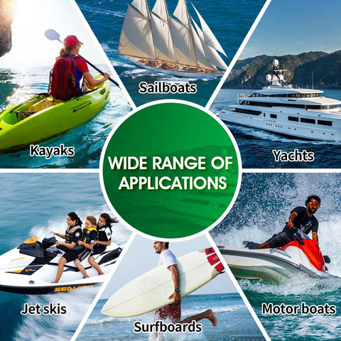 Image showing various watercrafts like kayaks, sailboats, and yachts, highlighting the "Marine Fiberglass Repair Kit 4.2 Oz Gel Coat Repair For Boats And Watercraft" applications.