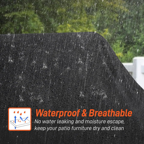 Close-up of Two Pack High Back Patio Chair Covers Waterproof Weatherproof For Stackable Dining Chairs And Lounge Or Swivel Seats Fits Up To 25W X 28D X 42H With Storage Bag Backyard Ready showcasing waterproof feature with rain on fabric.
